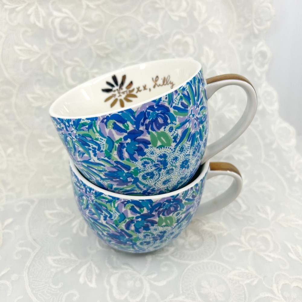 Lilly Pulitzer Hidden Lion Floral Ceramic Coffee Mug Gold Accent Coffee Mug Pair